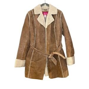 Vtg 90s Xhilaration Jacket Brown Suede Leather Faux Sherpa Lining Belt Y2K Penny